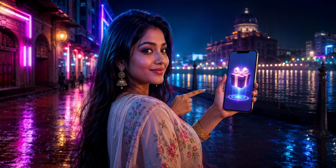 সোনারগাঁওয়ে নিয়ন আলোয় মোবাইলে viv0 বোনাস দেখছেন একজন ব্যবহারকারী